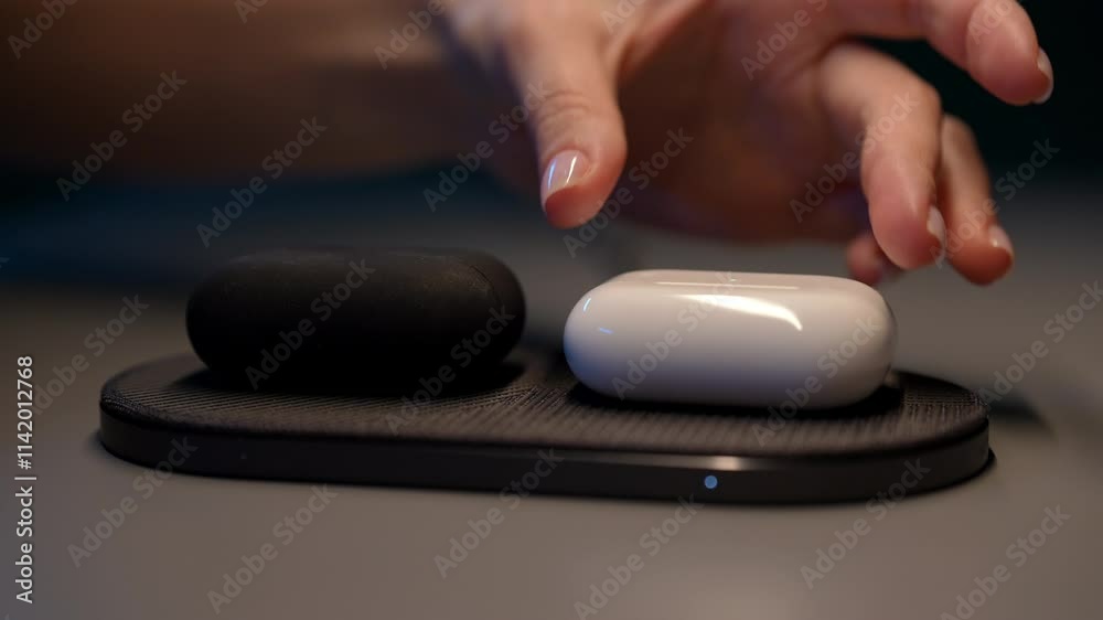Woman gently picking up charged case of headphones from wireless charging station, next to black earphone case. Concept of modern technology and convenient charging solutions. Shooting in slow motion.