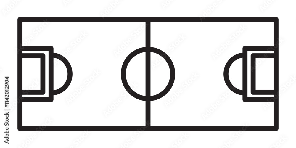 Linear icon. Soccer field markings lines. Outline football playground top view. Sports ground for active recreation. Simple black and white vector isolated on white background. Linear icon. Soccer field markings lines. Outline football playground top view. Sports ground for active recreation. Simple black and white vector isolated on white background.