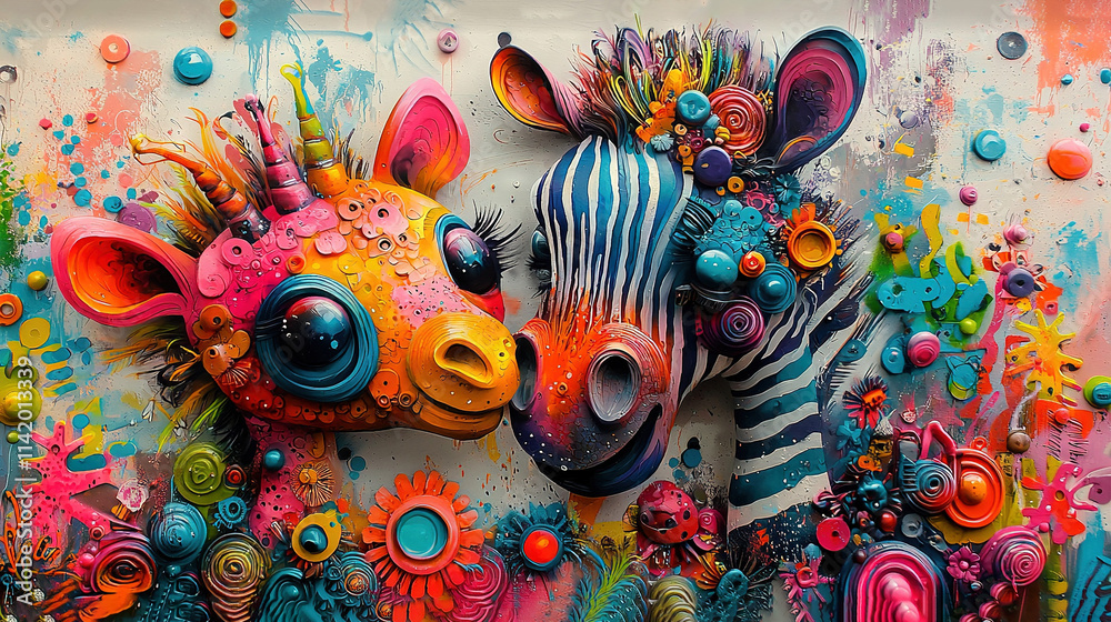 A close-up of a vibrant zebra and giraffe painting with splattered colors A close-up of a vibrant zebra and giraffe painting with splattered colors
