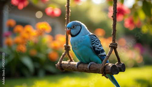 Colorful Budgerigar on a Swing in a Flower Garden