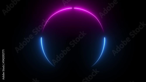 3D render  Neon glowing blue and purple laser beam semicircle with floor reflection on black blackground 
