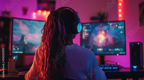 Woman Playing Video Games with Headphones and a Colorful Backdrop