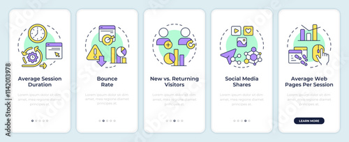 Audience engagement metrics onboarding mobile app screen. Walkthrough 5 steps editable graphic instructions with linear concepts. UI, UX, GUI template. Montserrat SemiBold, Regular fonts used