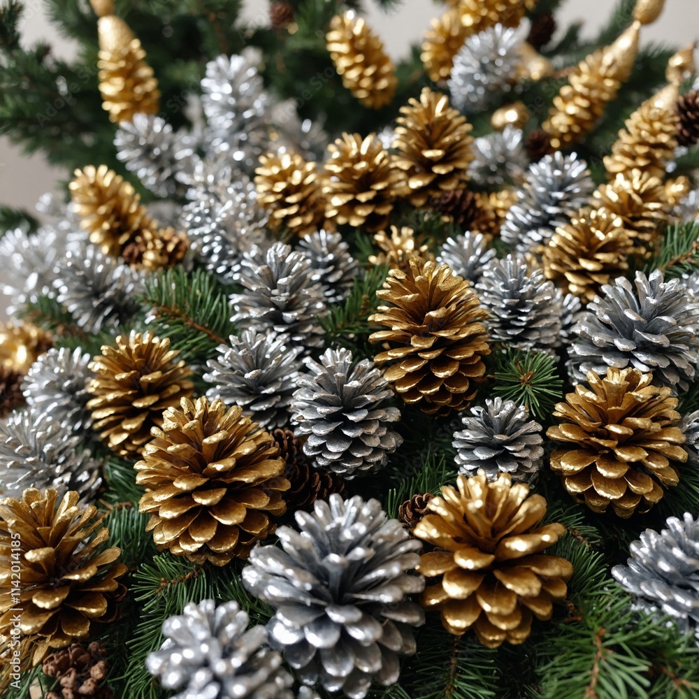Shimmering gold and silver pinecone garland on the tree.
Shimmering gold and silver pinecone garland on the tree.