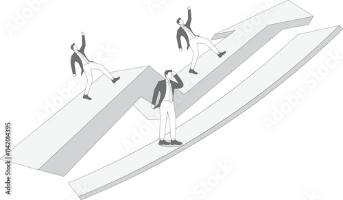 businesswoman on the way forward, successful businessman walks along the arrow all the way, failed businessman loses his way forward, career and business development