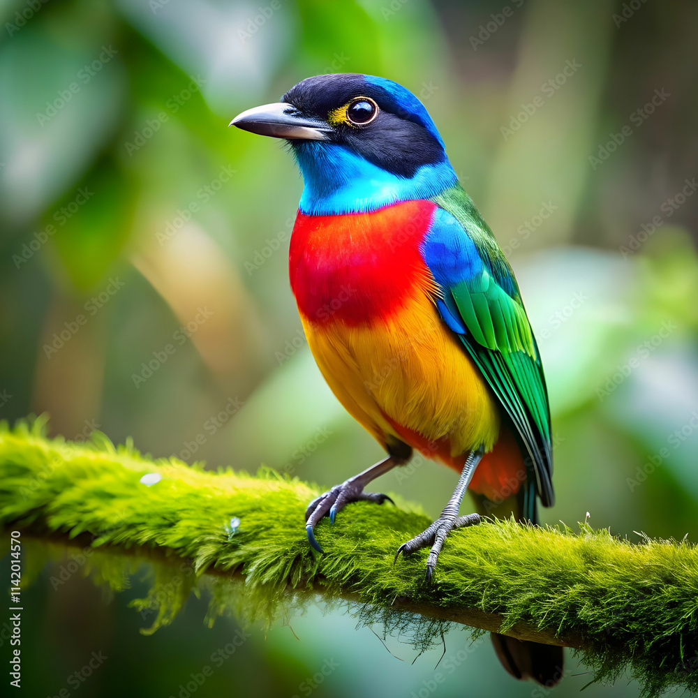 Fototapeta premium a colorful bird sits on a branch in the forest