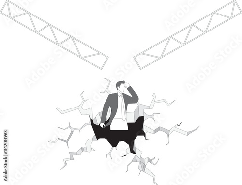 Businessman falls into cracked underground cave, business concept illustration