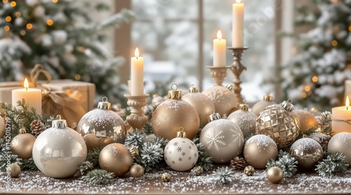 Elegant Christmas decorations in gold, beige, and gray tones. Candles, ornaments, pine branches, and snow create a festive and luxurious feel. Perfect for holiday cards, websites, and social media