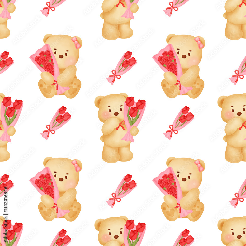 Naklejka premium Cute Bear and Roses Pattern Design 