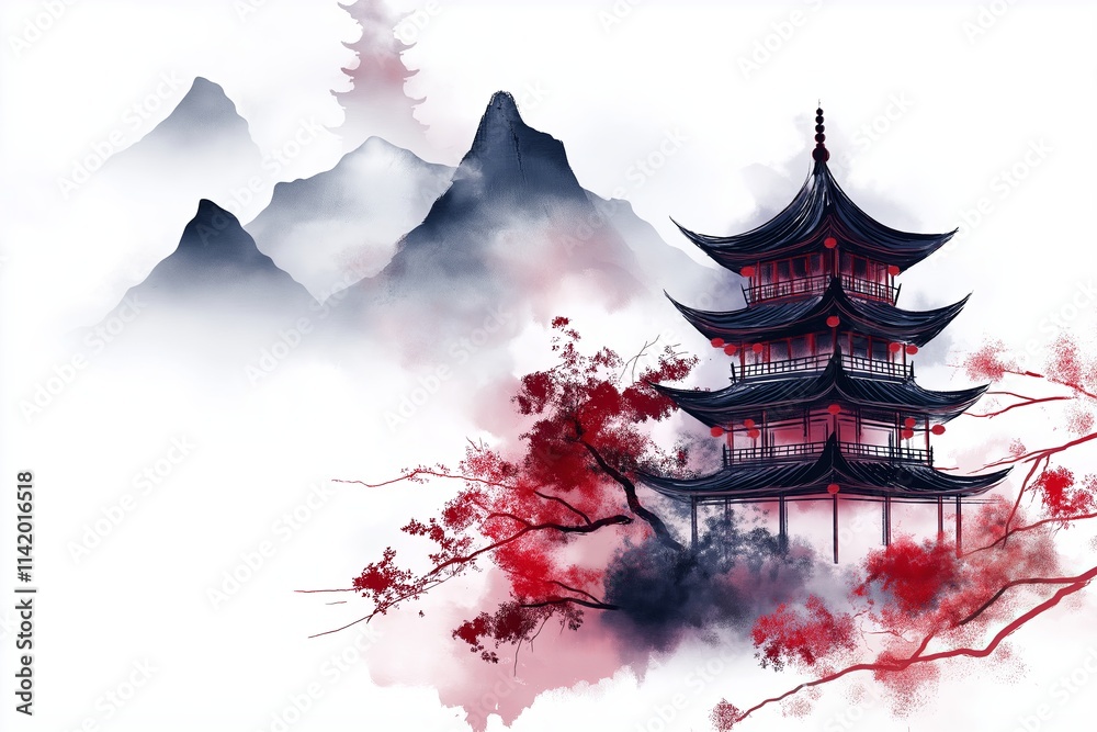 Obraz premium A minimalist depiction of a traditional Chinese pagoda with misty mountains in the background.