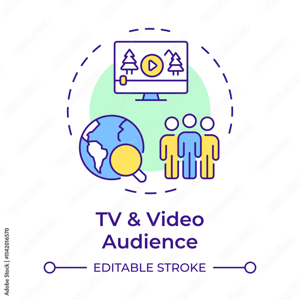 TV and video audience multi color concept icon. Collecting data about viewers. Customers measurement method. Round shape line illustration. Abstract idea. Graphic design. Easy to use in presentation TV and video audience multi color concept icon. Collecting data about viewers. Customers measurement method. Round shape line illustration. Abstract idea. Graphic design. Easy to use in presentation
