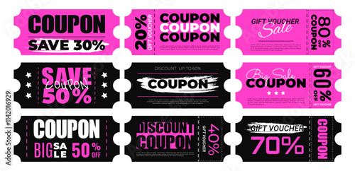 Isolated gift vouchers. Collection of black and pink coupons. Set of coupons in flat style. Vector illustration.