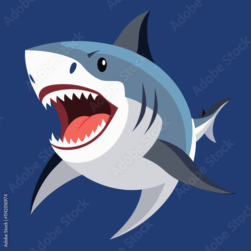 Isolated white background cartoon shark vector illustration swimming in blue ocean water