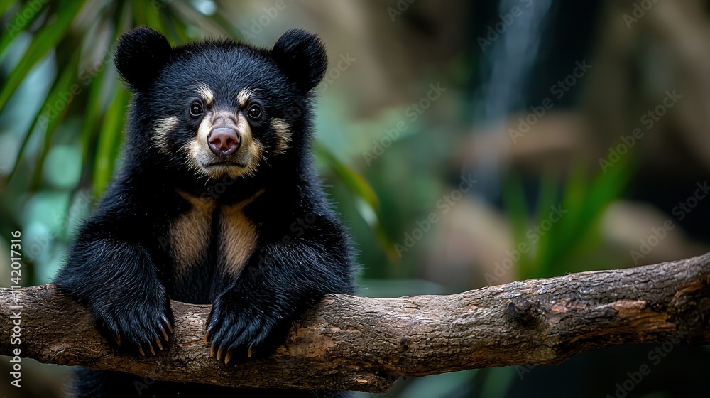 Obraz premium A black bear perched on a tree limb in front of a lush green foliage, gazing directly at the camera
