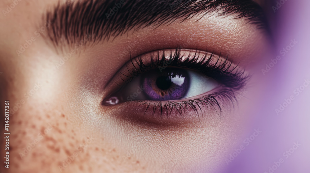 Obraz premium Close-up view of a beautifully detailed human eye with a captivating purple hue and natural eyelashes