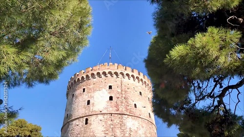 Exterior view of the White Tower of Thessaloniki, a monument and museum on the waterfront of the city of Thessaloniki, Central Macedonia, Greece.