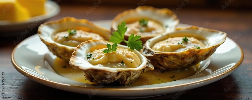 Softly glowing plate with oyster halves on warm butter, golden, tableware, butter Softly glowing plate with oyster halves on warm butter, golden, tableware, butter