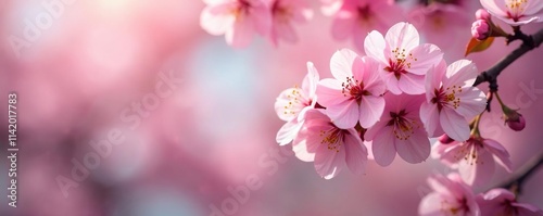 Soft pink petals unfurl on branches, delicate blooms sway in gentle spring breeze, pink cherry blossoms, flower arrangements