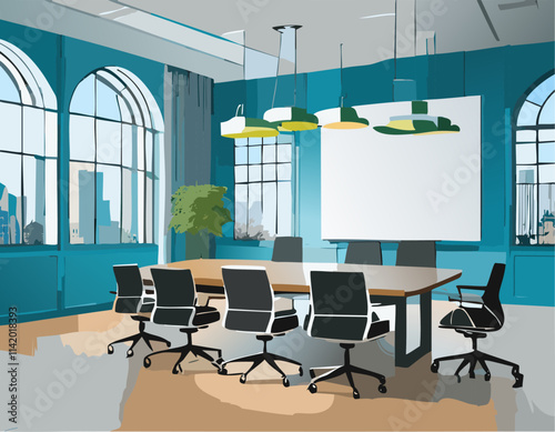 There is a spacious conference room that features a long table surrounded by several chairs, along with a large screen for presentations
