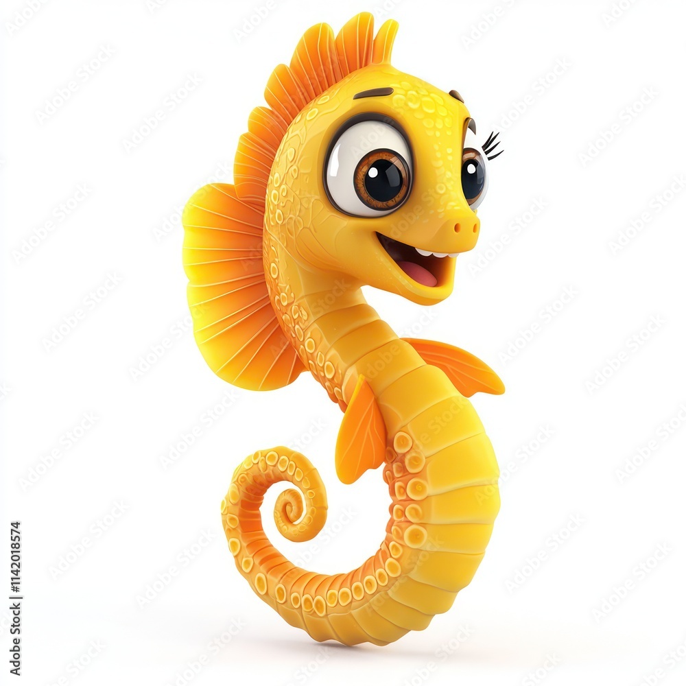 Fototapeta premium Seahorse with a cheerful look, 3D style, white.