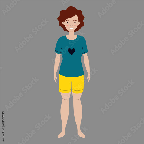 Character illustration of a young woman in relaxed clothing with a heart design