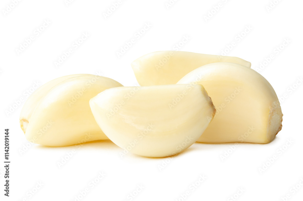 Side view of peeled garlic cloves in stack isolated on white background with clipping path Side view of peeled garlic cloves in stack isolated on white background with clipping path