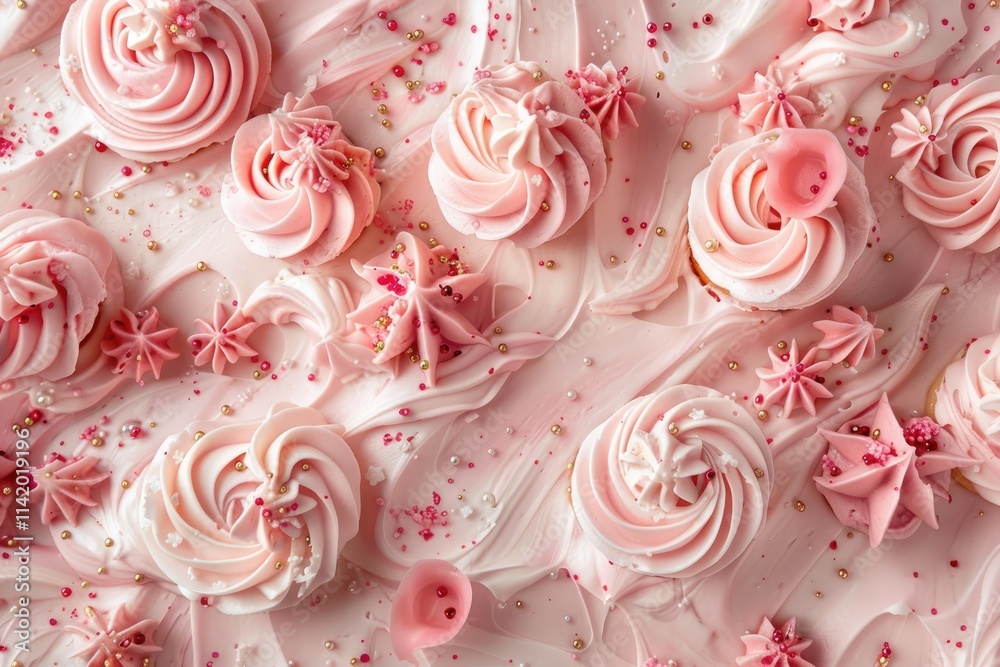Pink frosting swirls with sprinkles and decorative stars Pink frosting swirls with sprinkles and decorative stars