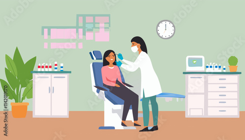 A woman is comfortably seated in a dental chair as a dentist carefully examines her teeth to ensure everything is in good health and condition