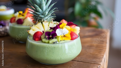 Vibrant Green Smoothie Bowl with Tropical Fruits and Flowers photo