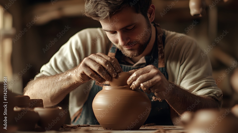 Young man shaping a clay pot in a pottery class, exploring the craft of ceramic making Young man shaping a clay pot in a pottery class, exploring the craft of ceramic making