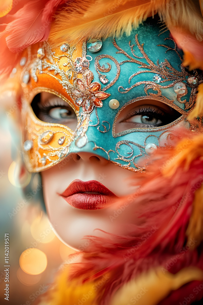 Mystery woman in colorful venetian mask on black bokeh background. Mardi Gras, Purim traditional masquerade party concept. Mystery carnival backdrop for design card, banner Mystery woman in colorful venetian mask on black bokeh background. Mardi Gras, Purim traditional masquerade party concept. Mystery carnival backdrop for design card, banner