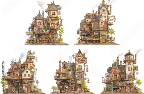steampunk house watercolor clipart