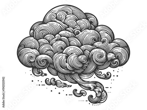 Cloud swirling, stylized cloud design with circular patterns, creating a dynamic, abstract look sketch engraving generative ai vector illustration. Scratch board imitation. Black and white image.