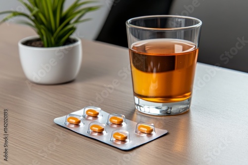 A glass of brown tea beside a pack of capsules and a small potted plant, creating a calming and health-focused atmosphere. photo