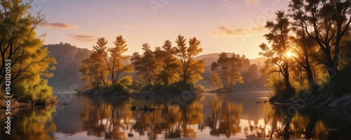 Iluminaci?n suave del atardecer en el r?o Ebro entre ?rboles frondosos, tranquility, shadow photo