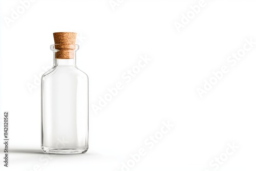 A minimalist clear glass bottle with a cork lid, perfect for showcasing beverages or decorative uses in photography.