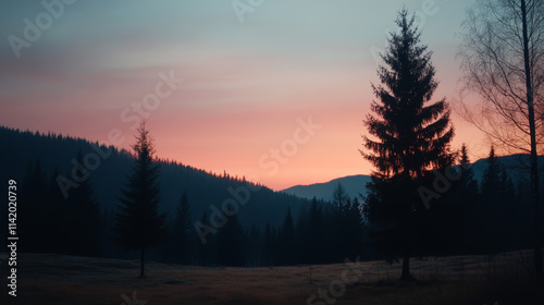 Beautiful sunset over a tranquil forest landscape with silhouettes of conifer trees and distant mountains