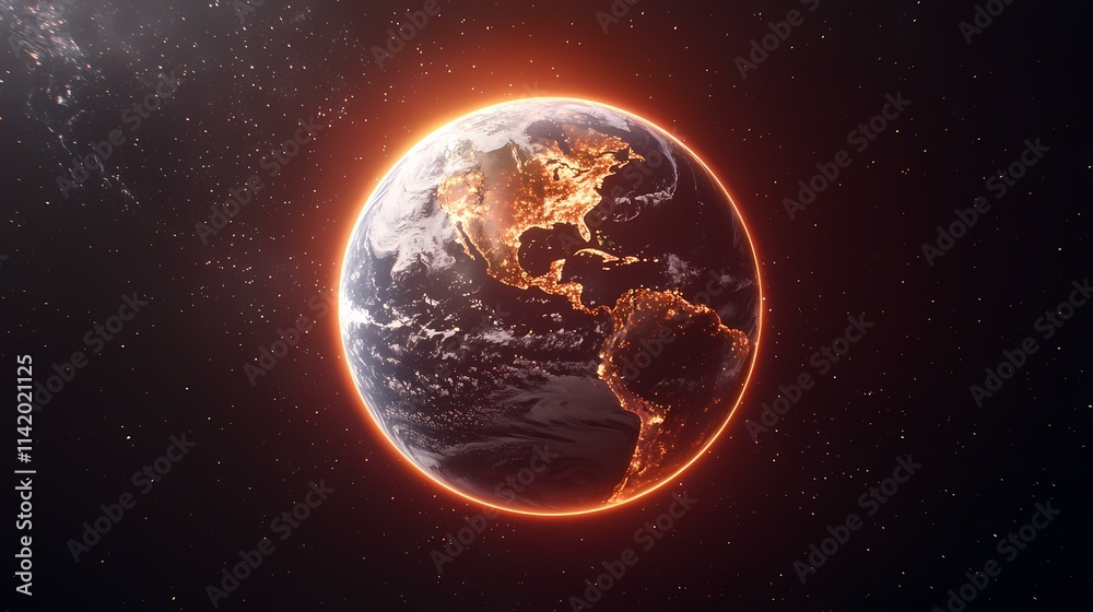 Obraz premium The image shows a stylized view of planet Earth from space, centered on the Americas. The planet is depicted with city lights glowing brightly, surrounded by a reddish-orange halo against a dark bac