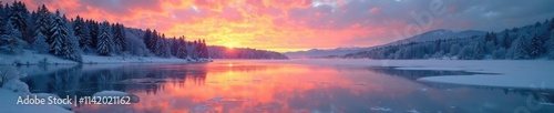 Frozen lake in Elstal Olympisches Dorf at sunrise, lake, dawn, water photo