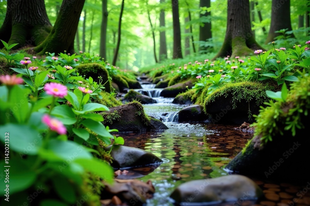 Forest floor with ferns and wildflowers along the stream, natural, forest Forest floor with ferns and wildflowers along the stream, natural, forest