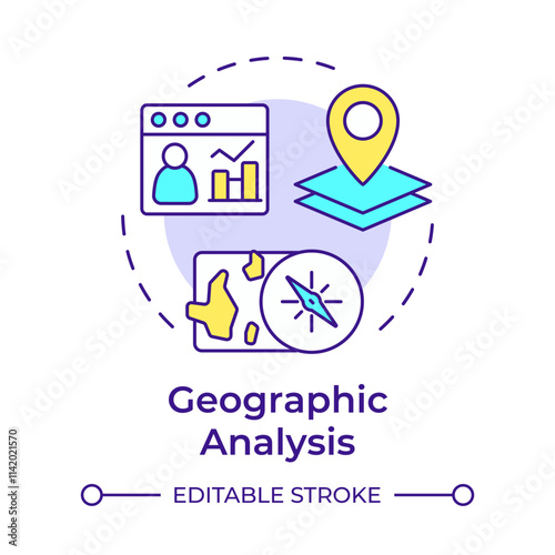 Geographic analysis multi color concept icon. Marketing research based on customer location. Commercial data. Round shape line illustration. Abstract idea. Graphic design. Easy to use in presentation