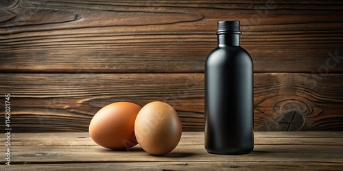 Macro shot highlights a black bottle and egg for a food or beauty product mockup. photo