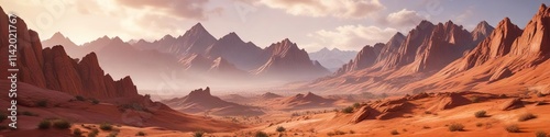 Earthy terracotta landscape with distant sunlit mountains , sunny terrain, serene scenery