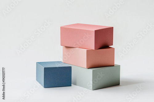 Stack of colourful cardboard gift boxes on palin background. photo