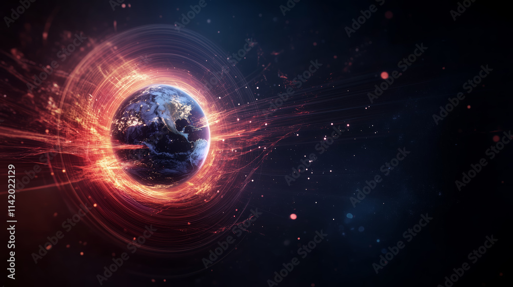 Obraz premium Colorful depiction of Earth surrounded by vibrant cosmic energy and swirling particles in a dark space background
