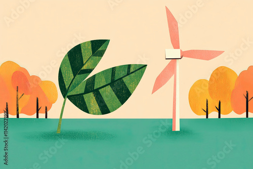 This illustration juxtaposes a large leaf with a pink wind turbine, symbolizing the connection between nature and renewable energy in a colorful and abstract manner. photo