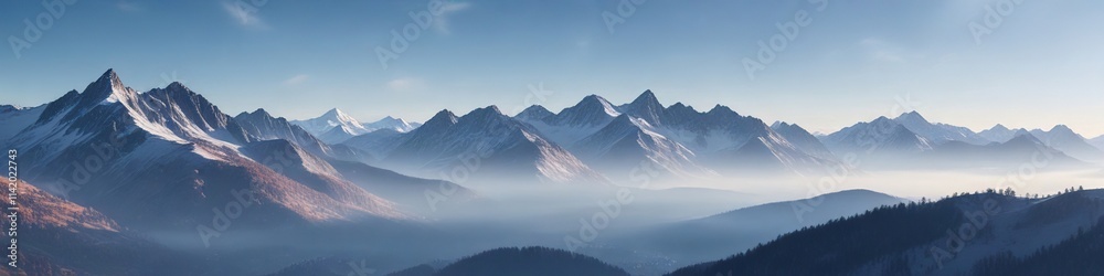 Cold morning light in the Alps with a soft blue and white gradient sky over mountains , early morning, outdoor photography Cold morning light in the Alps with a soft blue and white gradient sky over mountains , early morning, outdoor photography