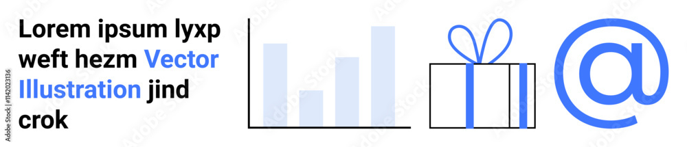 Text block with placeholder text, bar graph, wrapped gift box, and large at sign. Ideal for business reports, marketing, communication, analysis, emails e-commerce social media presentations Text block with placeholder text, bar graph, wrapped gift box, and large at sign. Ideal for business reports, marketing, communication, analysis, emails e-commerce social media presentations