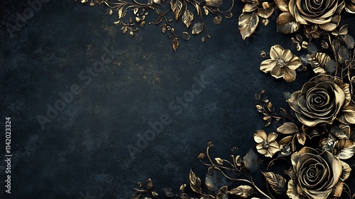 Gold Roses and Leaves on Dark Background