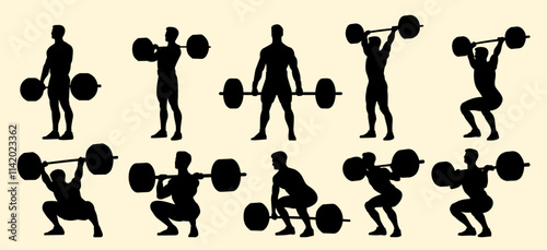 Silhouettes of weightlifters performing barbell exercises, showcasing strength, fitness, and athletic movements.